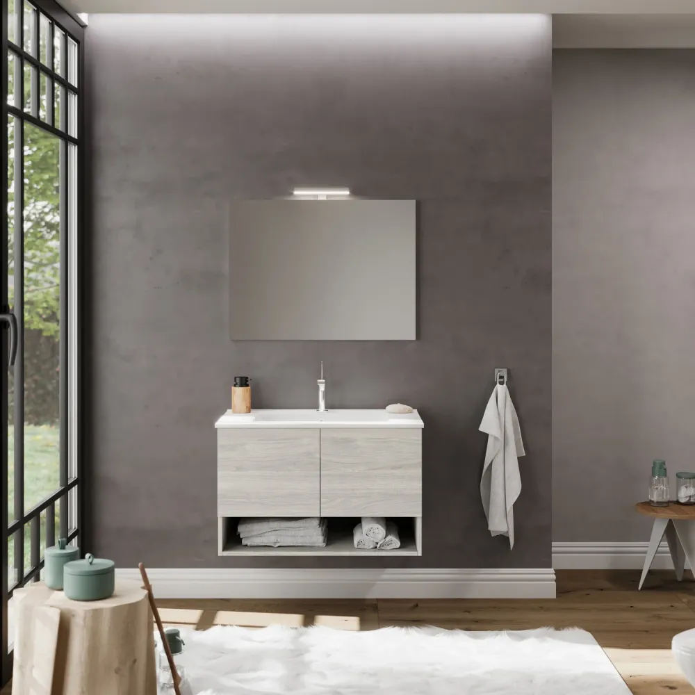Meuble de salle de bain mobile avec lavabo et miroir Cubi&Co Barcelone 80 cm - Chêne Gris avec Garantie 5 Ans