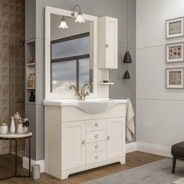 Meuble de salle de bain au sol avec miroir et lavabo intégré Cubi&Co modèle Sagittario - Blanc Décapé