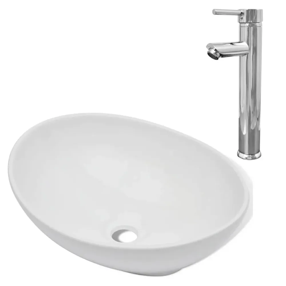 Mitigeur de douche Lavabo de salle de bain avec mitigeur céramique ovale blanc 02_0002843