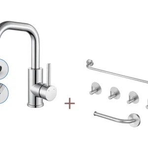 Mitigeur Lavabo,Robinet LavaboPivotant 360°,avec érateur Démotable,Chromé+Ensemble Salle Bain Accessoire 6 Pièces,Auto-adh...