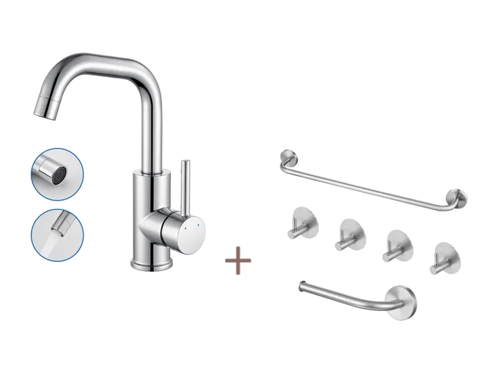 Mitigeur Lavabo,Robinet LavaboPivotant 360°,avec érateur Démotable,Chromé+Ensemble Salle Bain Accessoire 6 Pièces,Auto-adh...