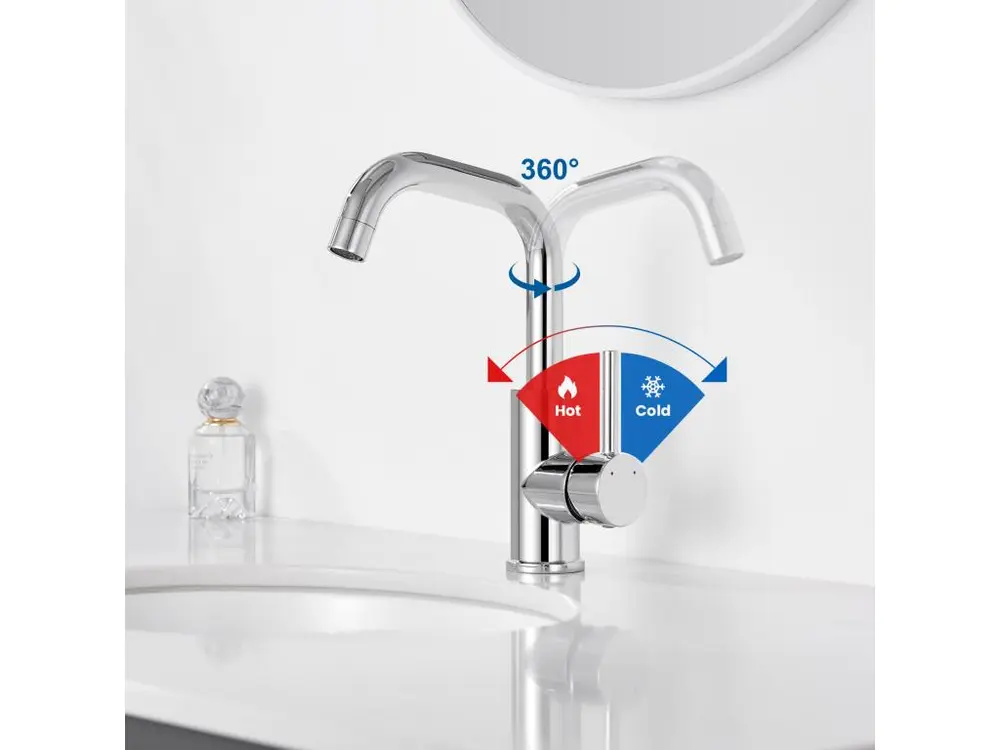 Mitigeur Lavabo,Robinet LavaboPivotant 360°,avec érateur Démotable,Chromé+Ensemble Salle Bain Accessoire 6 Pièces,Auto-adh...