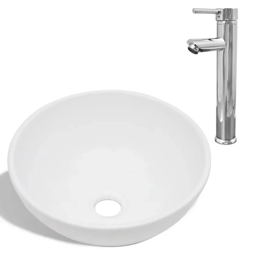 Robinet à levier unique Lavabo de salle de bain diamètre 32,5 cm avec mitigeur céramique rond blanc 02_0002840