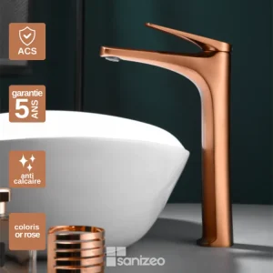 Robinet Mitigeur de Lavabo Bec Haut anti-calcaire Or Rose IMEX Sanizéo DELOS BDD055-3ORC pour Douche à l'Italienne