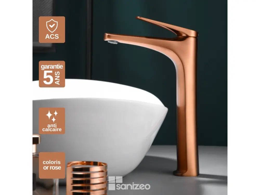 Robinet Mitigeur de Lavabo Bec Haut anti-calcaire Or Rose IMEX Sanizéo DELOS BDD055-3ORC pour Douche à l'Italienne