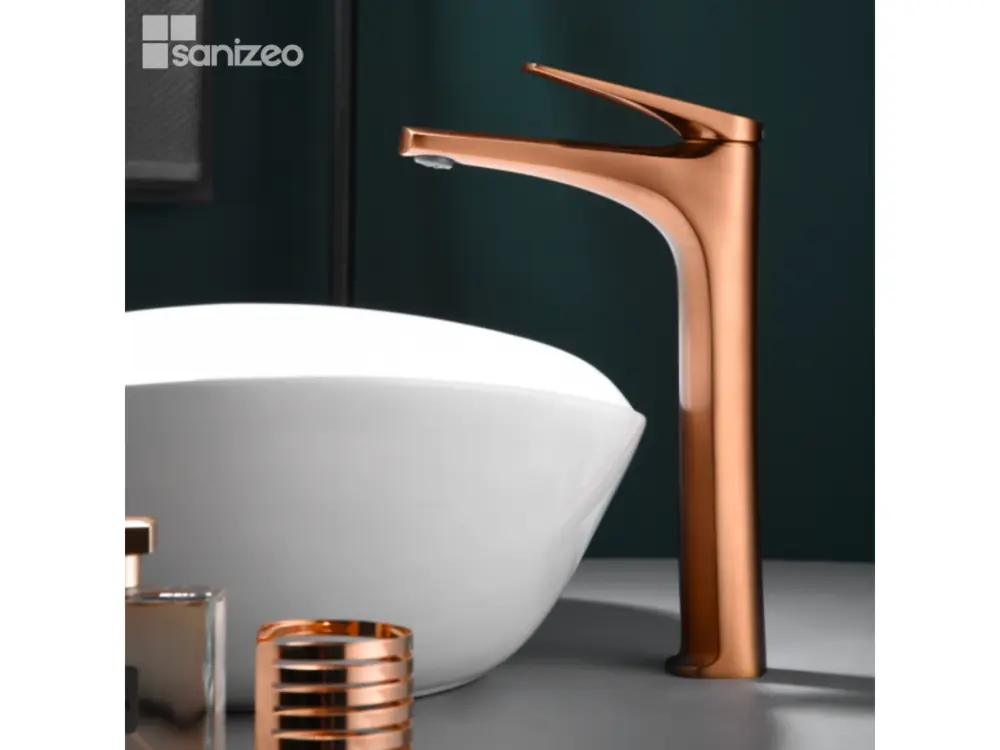 Robinet Mitigeur de Lavabo Bec Haut anti-calcaire Or Rose IMEX Sanizéo DELOS BDD055-3ORC pour Douche à l'Italienne