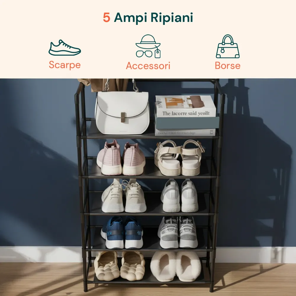 Appendiabiti Multiuso con 5 Ripiani TNT e 2 Aste Portabiti – Capienza 10 Paia