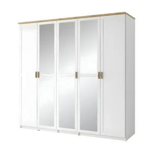 Armoire 5 Portes 226cm collection JASPER, Coloris blanc, finition chêne wotan, impeccable pour une grande chambre pour cui...