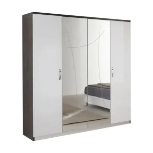 LUCIA - Armoire 4 Portes Laqué Blanc et Chêne Anthracite pour assemblage de meubles