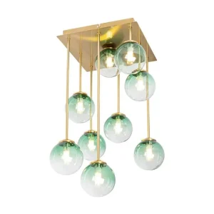 Plafonnier Art Déco or avec verre vert 9 lumières - Athènes Style industriel