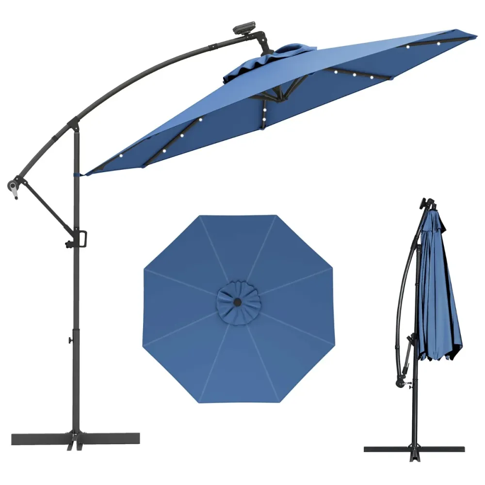 Parasol déporté 3m angle réglable rotatif 360° avec 24 lumières led solaires design récent en aluminium bleu 20_0013011 av...