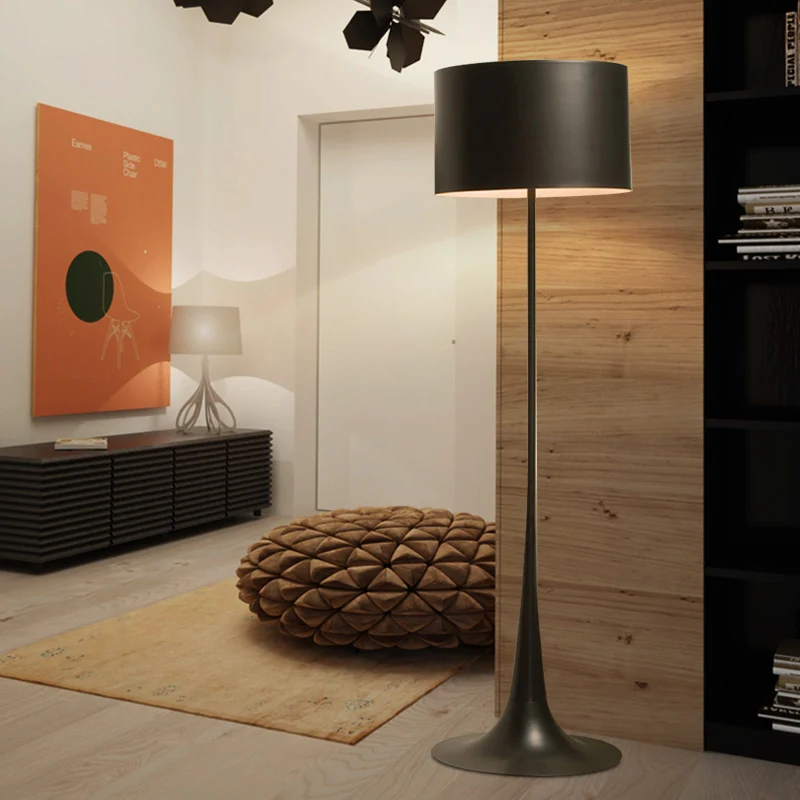 Lampadaire à abat-jour tambour noir/blanc, style tendance, 1 lumière, lampadaire en aluminium pour salon, largeur 12"/16"...