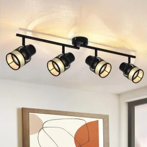 NETTLIFE Plafonnier 4 Spots Métal E27 Max. 25W Ancien Noir 330° Abat-Jour en Tissu Doré pour Salon Cuisine Escaliers Salle...