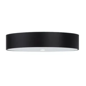 Plafonnier minimaliste en tissu, verre, acier - 6 sources lumineuses - L.70 x H.20 cm - noir avec base en bois