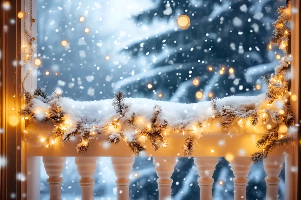 Fond neige hivernal Balcon enneigé Lumières dorées Fonds hivernaux LXX510-73 Haute efficacité énergétique