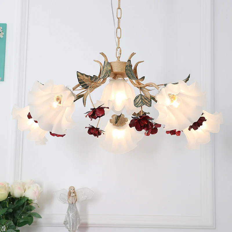 Luminaire commercial à détection de mouvement Éclairage de plafond de salon floral, luminaire de lustre rouge en verre crè...