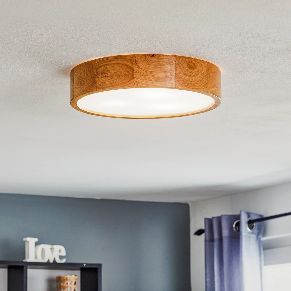 Plafonnier Cleo, Ø 38 cm, 3 lampes, bois de chêne, E27 avec Garantie 3 Ans