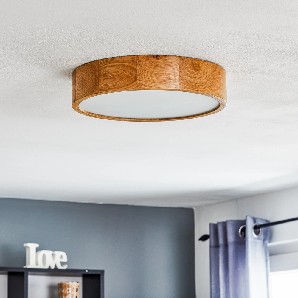 Plafonnier Cleo, Ø 38 cm, 3 lampes, bois de chêne, E27 avec Garantie 3 Ans
