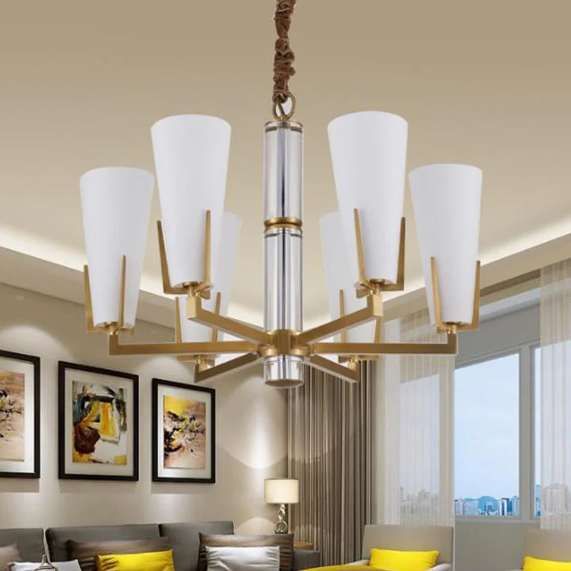 Lustre conique colonial, luminaire de plafond à 6/8 têtes en verre opale blanc givré, plafonnier suspendu pour salon Desig...