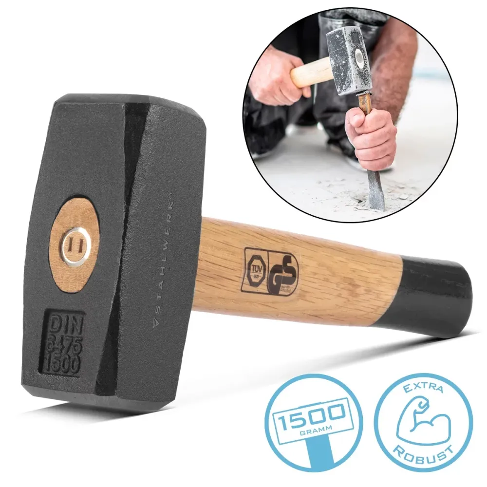 Fistel en acier avec 1500 g Hammerkopf | Marteau à plaque en acier carbone durci et laqué | Hammer de haute qualité avec u...