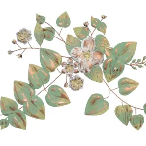 Décoration murale fleurs et feuilles en métal vert crème-or blanc 70x4x69 cm DEC05056