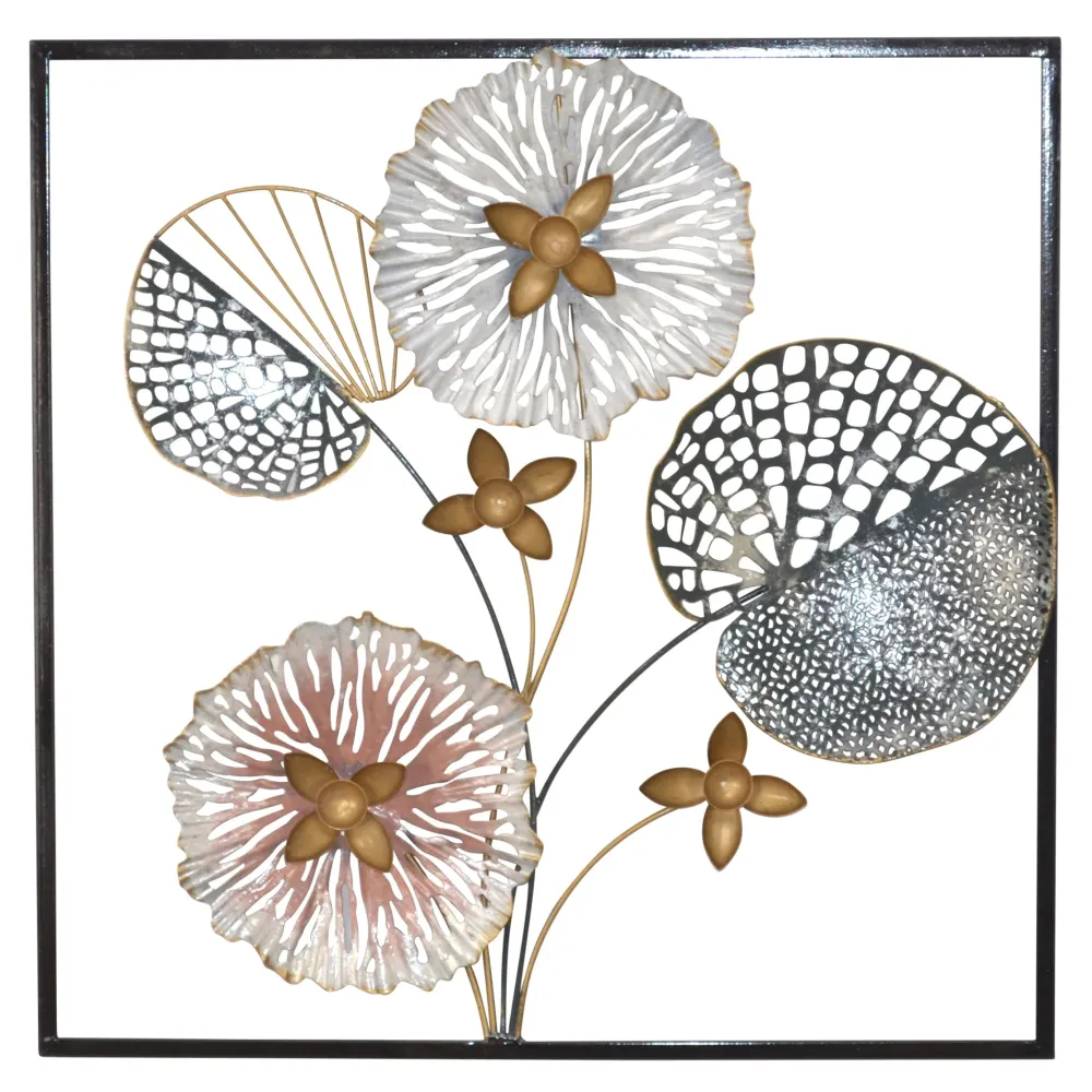 Décoration murale motif feuille et fleur en métal rose et or 50x5x50 cm DEC05074