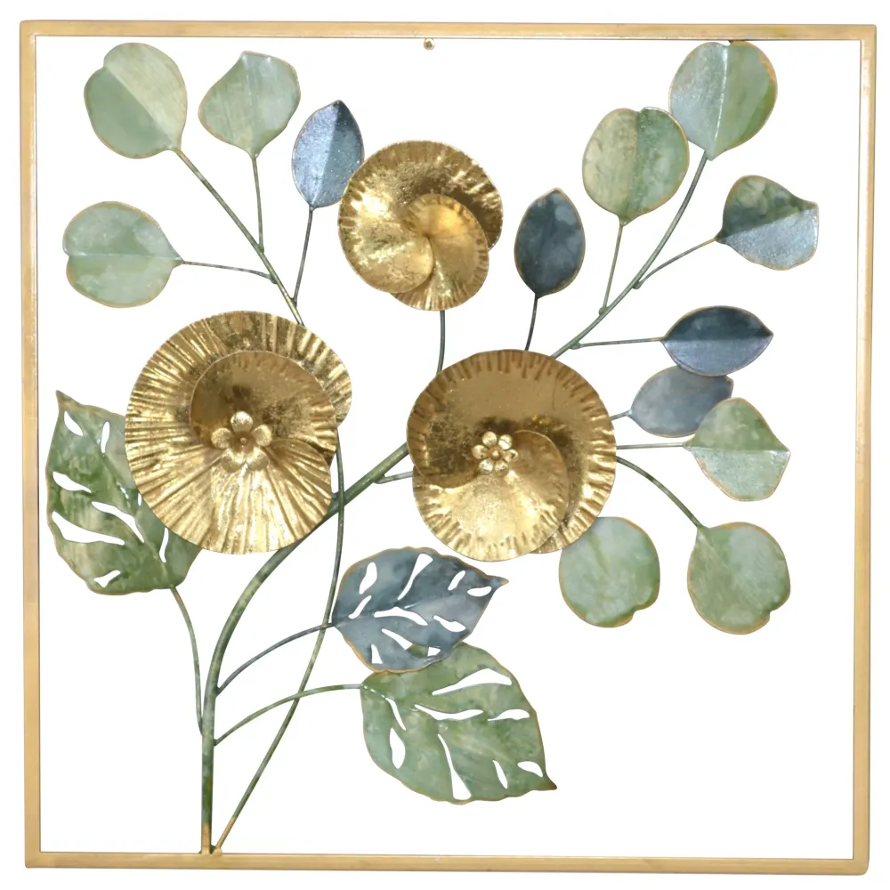 Décoration murale motif feuille & fleur en métal vert et or 50x5x50 cm DEC05079