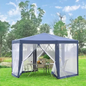 Tonnelle barnum tente de réception hexagonale 10 m² style cosy métal tissu synthétique imperméabilisé bleu blanc