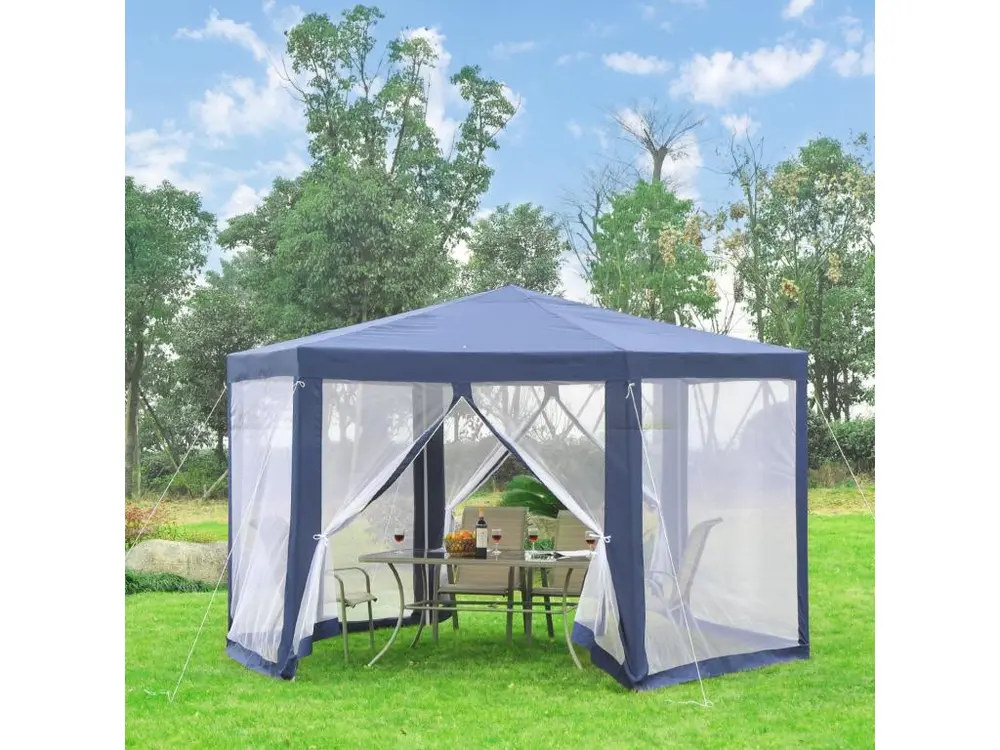 Tonnelle barnum tente de réception hexagonale 10 m² style cosy métal tissu synthétique imperméabilisé bleu blanc