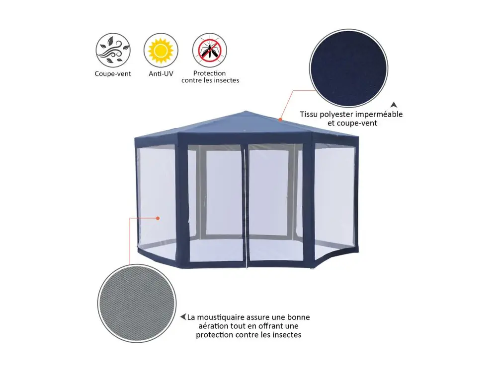 Tonnelle barnum tente de réception hexagonale 10 m² style cosy métal tissu synthétique imperméabilisé bleu blanc