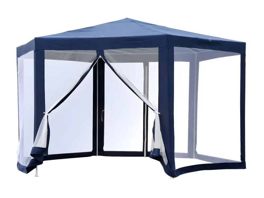 Tonnelle barnum tente de réception hexagonale 10 m² style cosy métal tissu synthétique imperméabilisé bleu blanc