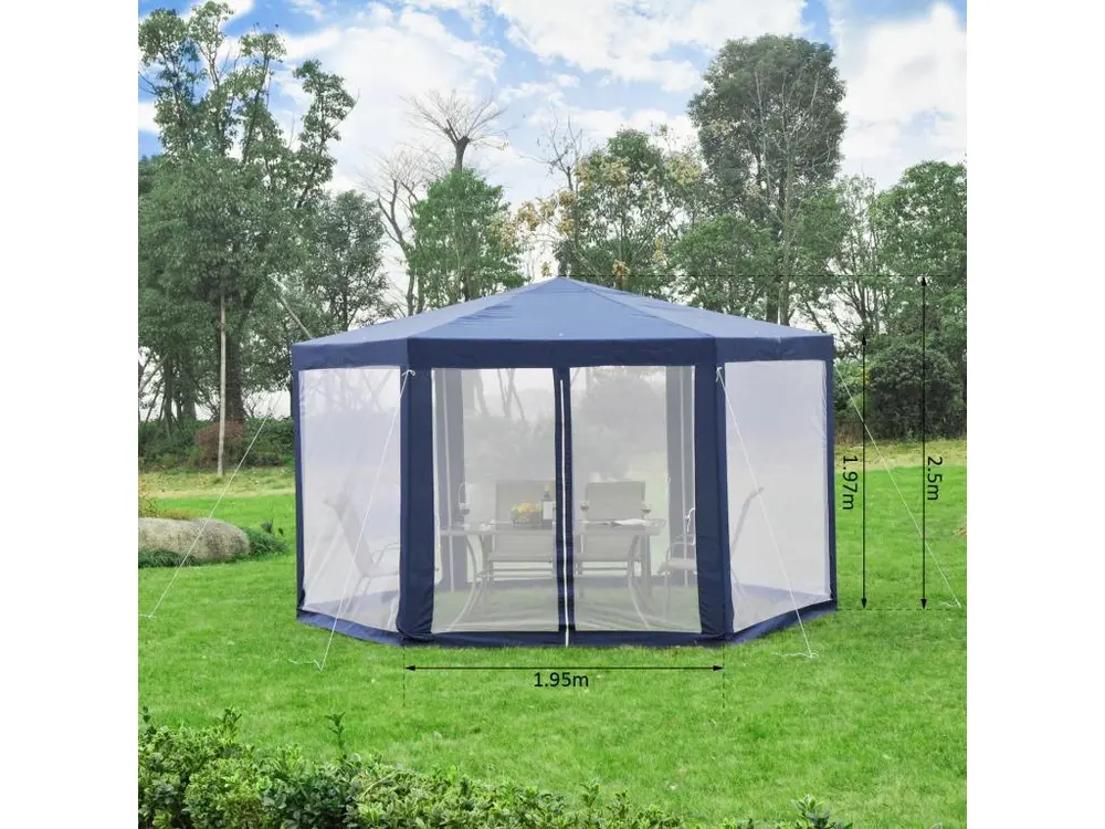 Tonnelle barnum tente de réception hexagonale 10 m² style cosy métal tissu synthétique imperméabilisé bleu blanc