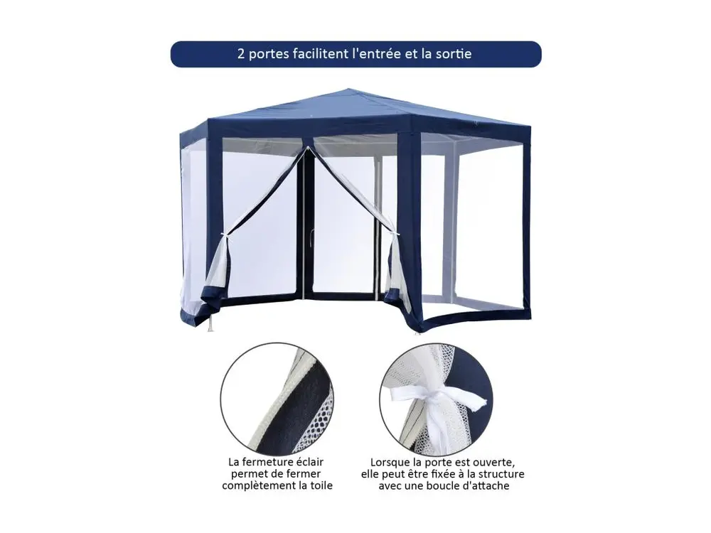 Tonnelle barnum tente de réception hexagonale 10 m² style cosy métal tissu synthétique imperméabilisé bleu blanc