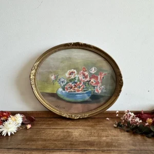 Peinture bouquet de fleurs dans corbeille signée 1936 cadre en bois sculpté