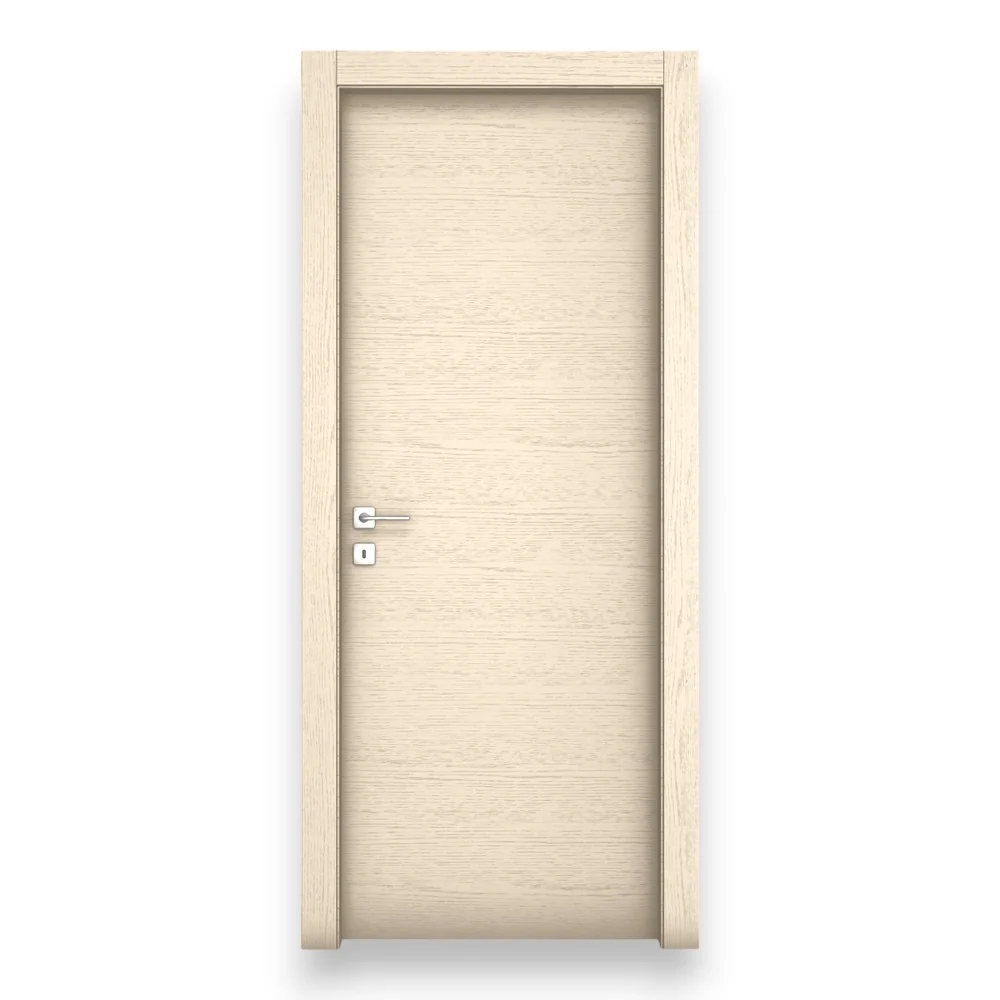 Porte battante intérieure réversible récent en bois de sapin beige avec grain, articulée avec serrure et profilés