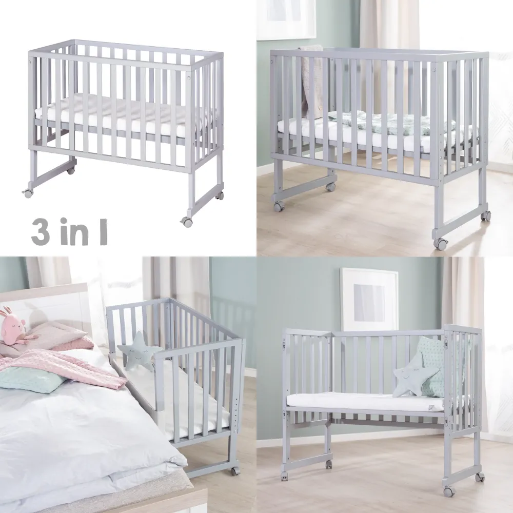 Stuben- & Beistellbett 3in1 mit Barriere + Matratze - Holz taupe