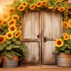 Toile de Fond de Porte en Bois avec Couronne de Tournesols d'Automne RR7-139