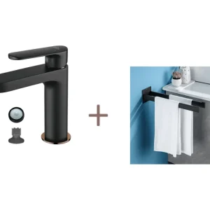 Auralum max Robinet Salle Bain,Noir,avec Mousseur Démontable+Porte Serviette Salle de Bain Adhésif/Perçage,Barres Porte Se...