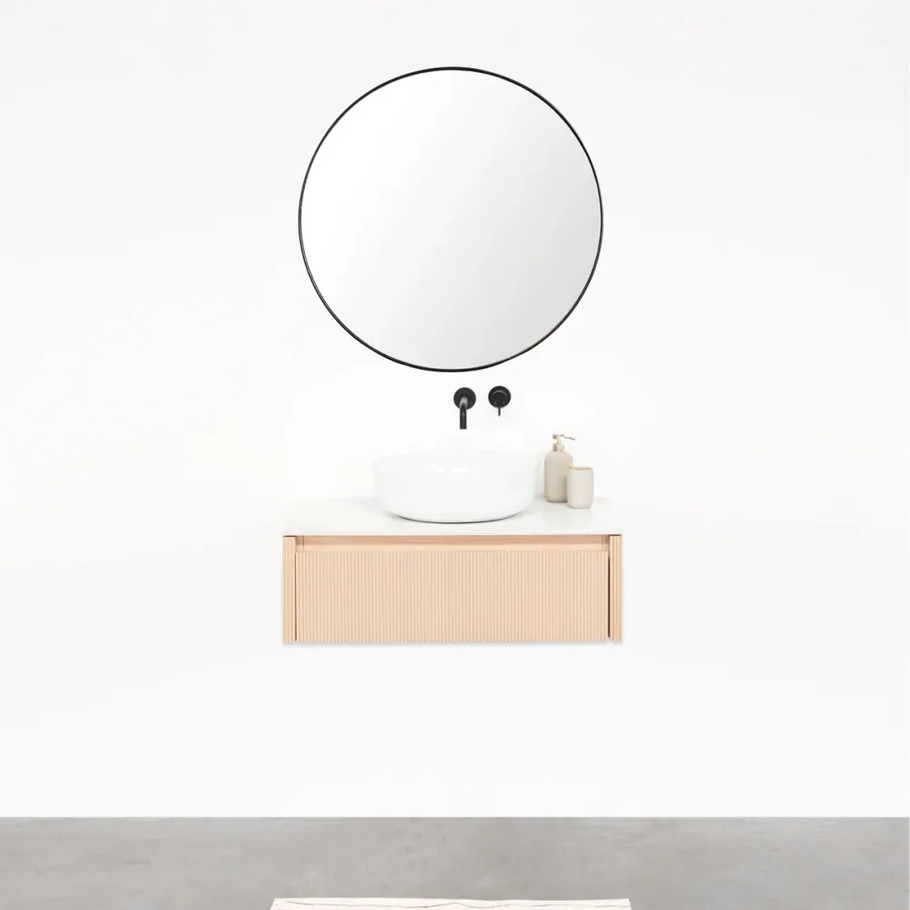 Certifié NF Sanitaire Meuble de salle de bain Chêne - Ahun - Vasque en porcelaine Alexis II - Plateau Marcel en céramique...