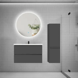 Ensemble meuble accessible vasque 80cm 2 tiroirs + lavabo + colonne + miroir rond,anthracite avec Flexible 1,5 m
