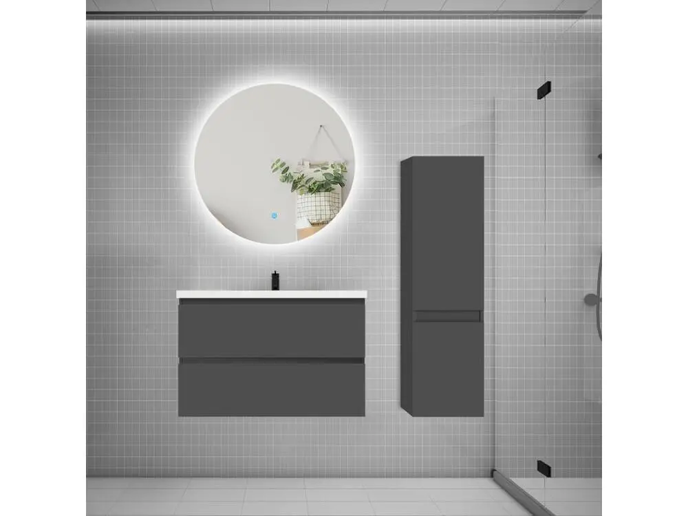 Ensemble meuble accessible vasque 80cm 2 tiroirs + lavabo + colonne + miroir rond,anthracite avec Flexible 1,5 m