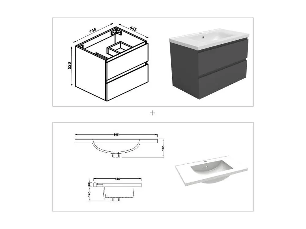 Ensemble meuble accessible vasque 80cm 2 tiroirs + lavabo + colonne + miroir rond,anthracite avec Flexible 1,5 m