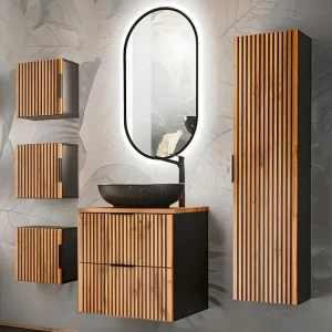 Ensemble meuble aisé vasque 60cm colonne et 3 armoires murales Gaia Bois et Noir - Vasque Noir