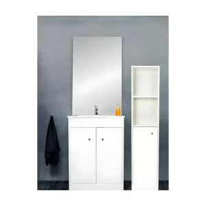 Ensemble meuble sous vasque avec miroir intégré 60 cm Blanc + colonne - MAJI avec Garantie 5 Ans