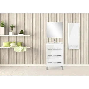 Ensemble meuble sous vasque 3 tiroirs 60 cm Blanc + colonne + miroir - LANA