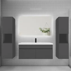 Ensemble meuble vasque L.100cm lavabo + colonne + LED miroir 100cm,anthracite avec Flexible 1,5 m