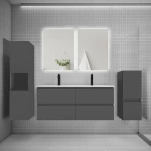 Ensemble meuble vasque L.120cm 2 tiroirs + lavabo + colonne + miroir,anthracite