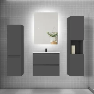 Ensemble meuble vasque L.60cm 2 tiroirs + lavabo + colonne + miroir mural 60cm,anthracite