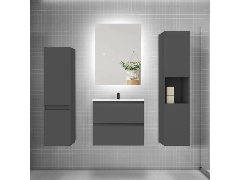 Ensemble meuble vasque L.60cm 2 tiroirs + lavabo + colonne + miroir mural 60cm,anthracite