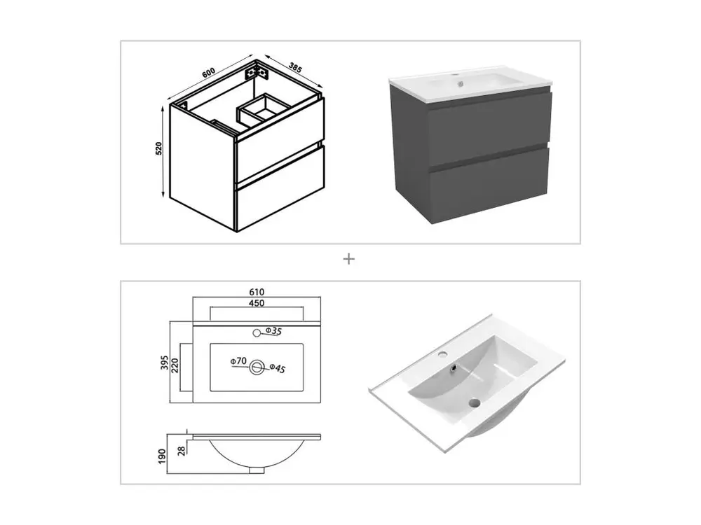 Ensemble meuble vasque L.60cm 2 tiroirs + lavabo + colonne + miroir mural 60cm,anthracite
